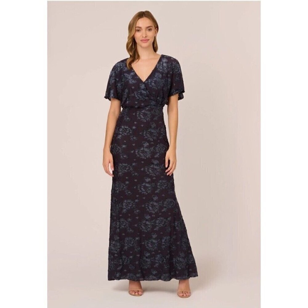 Adrianna Papell Womens 2 Navy Floral Burnout Velvet Long Blouson Dress Gown New - Picture 2 of 16